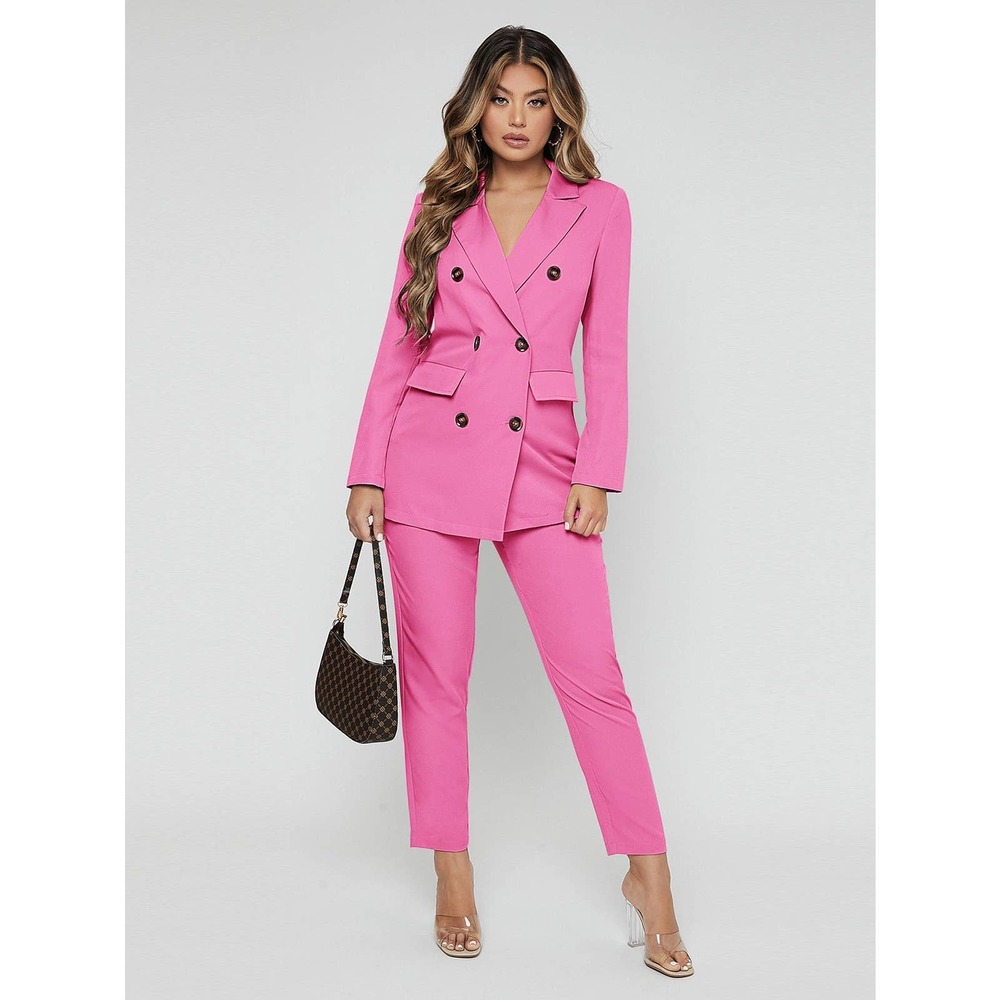 2 piece set: Lapel collar Double Breasted Blazer & dress Pants Suit pink